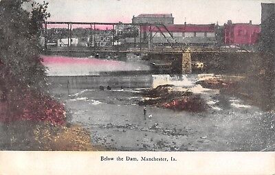 Manchester Iowa~Men Fishing Below Dam~Thru Truss Bridge~Sign: Racket Stop~1908