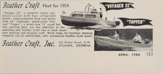 1954 Print Ad Feather Craft Voyager 22 & Topper Boats Atlanta,Georgia