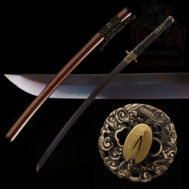 Dragon Tsuba Katana Red&Purple Damascus Folded Steel Japanese Samurai Sword