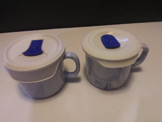 2 Corning Ware 20 oz Stoneware Blue Marble Meal Soup Mug W/ Vented Pop Lid