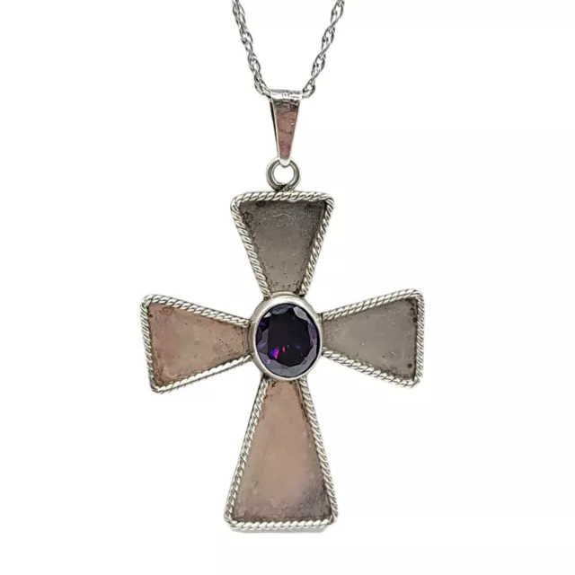 TAXCO Mexican .925 Sterling Silver Amethyst Cross Pendant Necklace