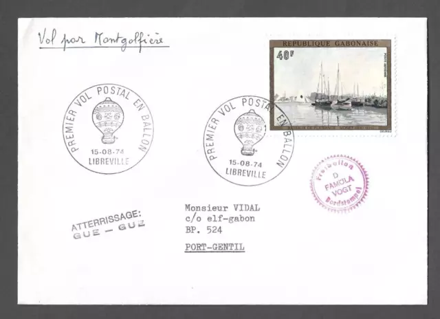 Gabon 1974 Premier post Balloon cover to Port- Gentil