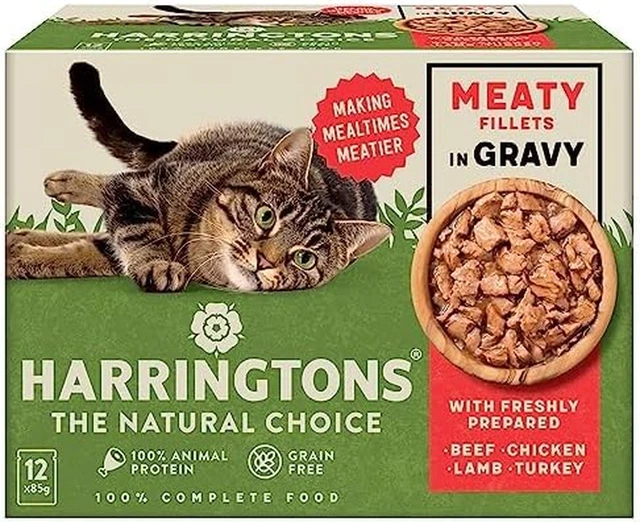 Harringtons Grain Free Meat Selection in Gravy Wet Cat Food 72X85G, Beef, Chicke