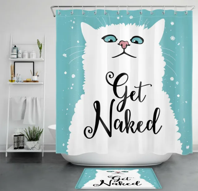 Cute White Cat Shower Curtain Funny Qoutes Get Naked Bathroom Accessories Set