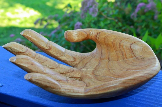 BUDDHA Mudra HAND Statue Carved Wood Sculpture Jewelry bowl display Bali art