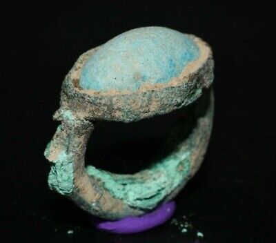 Ancient Greco roman Bronze ring with Turquoise Stone Bezel Ca. 9th-10th century