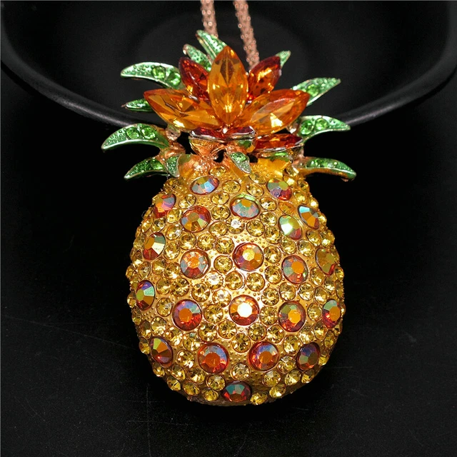 Betsey Johnson Bling Rhinestone Yellow Pineapple Crystal Pendant Chain Necklace