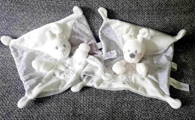 A1 Doudou Plat Carré Lapin Blanc Gris Attache Kiabi Etoiles Simba Toys Lot De 2