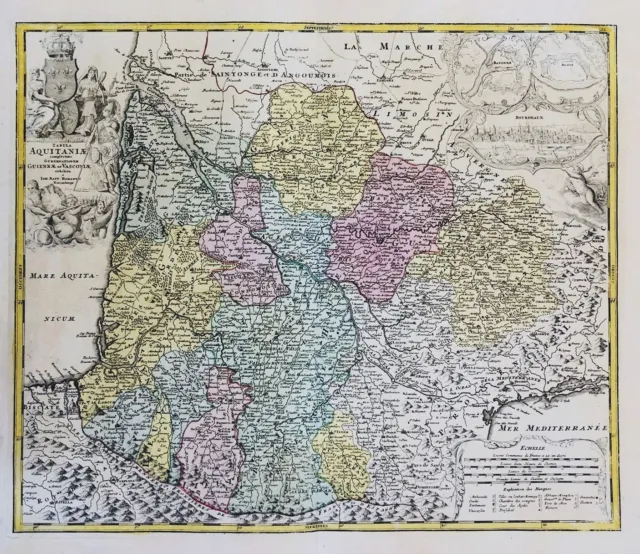 Aquitaine Bordeaux Bayonne Blaye Toulouse carte map Karte Homann gravure  224868