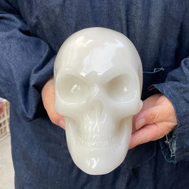 9.7LB TOP! Natural white jade quartz hand carved crystal skull reiki healing