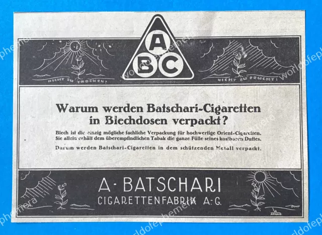 Warum werden Batschari Cigaretten in Blechdosen verpackt Entwurf Arnaud 1925