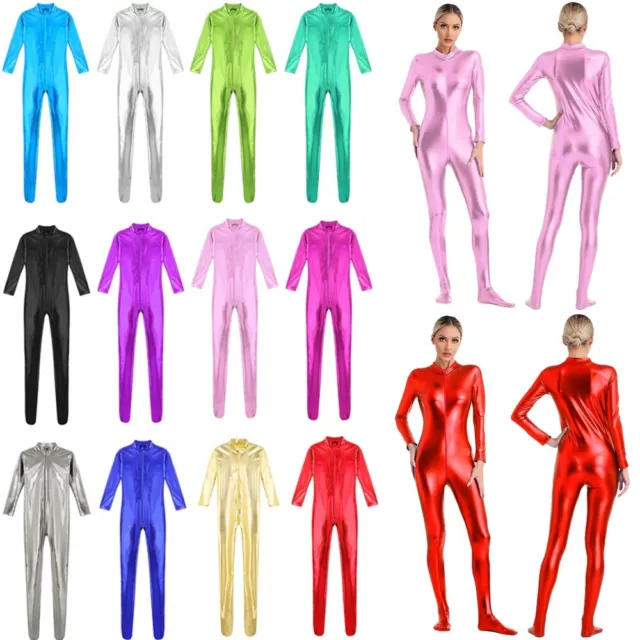 Women's Bodysuit Shiny Leotard Full Body Catsuit Mock Neck Rompers Gymnastic