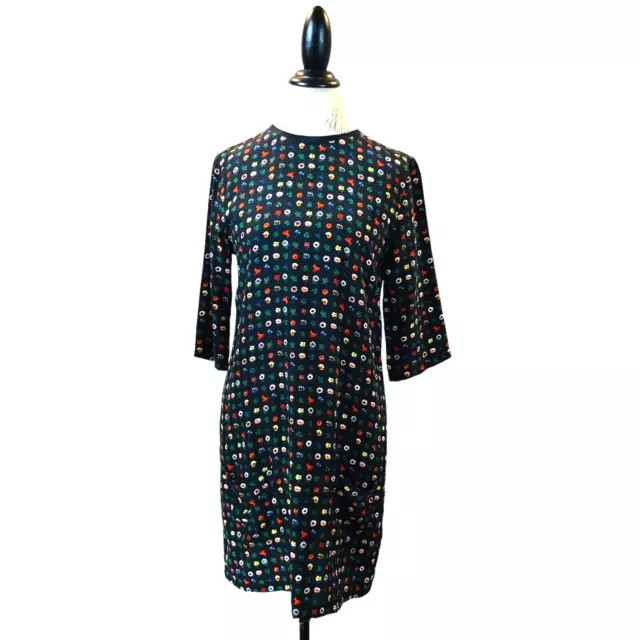 Equipment Aubrey Womens Small Silk Shift Dress True Black Multi Floral Pockets