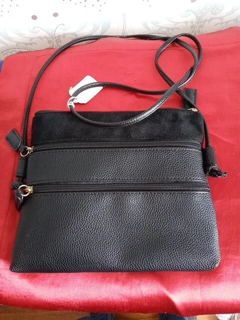 Nathalie ANDERSEN Cross Body Shoulder Bag Black Treble Zipped Handbag Used.