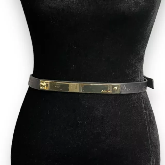 Calvin Klein Faux Leather Waist Belt Women 14 Black Gold Plate Adjustable FLAWED