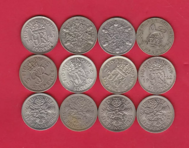 Twelve 1922 To 1966 Sixpence Coins In Good Fine To Near Mint Condition