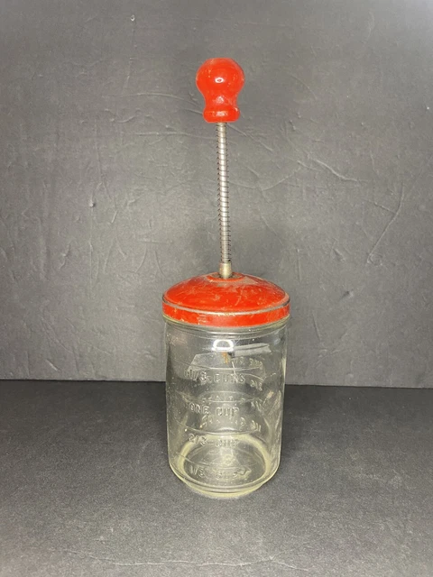Vintage Anchor Hocking Glass Measuring Cup Nut Chopper Red Wood Knob Metal Top