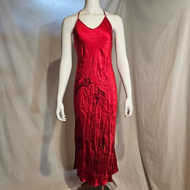 Victoria's Secret Silk Satin Long Nightgown Slip XS Red Floral Rose Dress