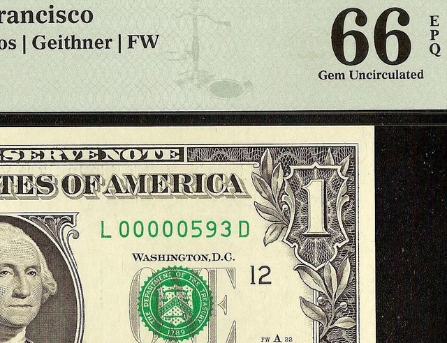 Unc 2009 $1 Dollar Bill 593 Low Serial Number Note Paper Money Pmg 66 Epq