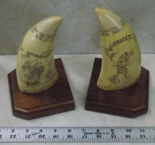 Scrimshawed Faux Sperm Whale Teeth Bookends, Set