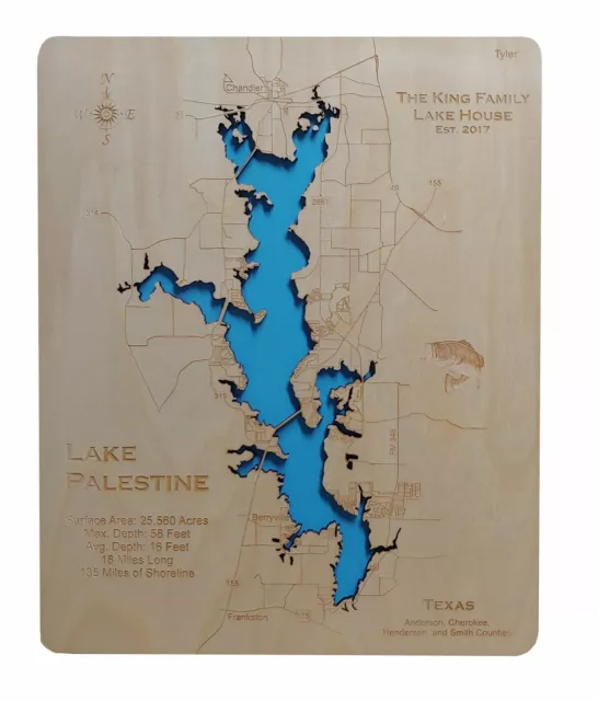 Lake Palestine, Texas - Laser Cut Wood Map | Wall Art | Made to Order