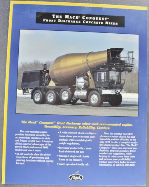 1997-1998 Mack Truck Conquest Front Discharge Cement Mixer Brochure Sheet