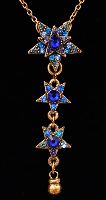 Michal Negrin Blue Stars Drop Pendant Necklace w/ Swarovski Crystals - Handmade