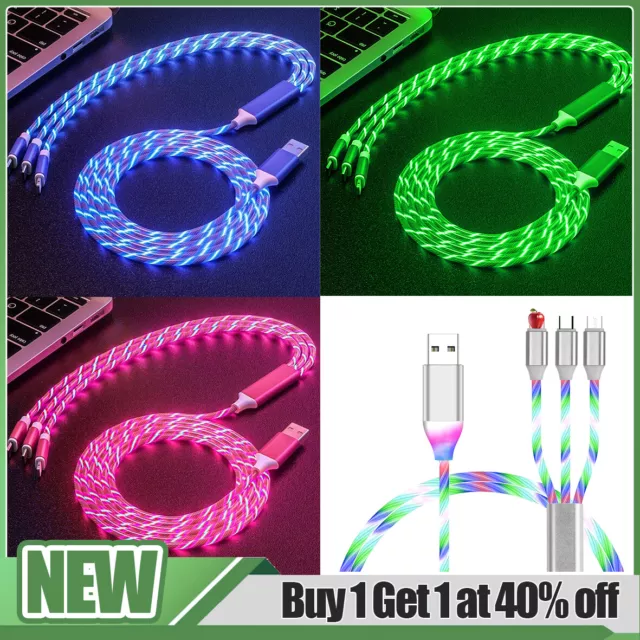 3 in 1 Charger Charging Cable USB Cord LED Light Up for iPhone Samsung Android