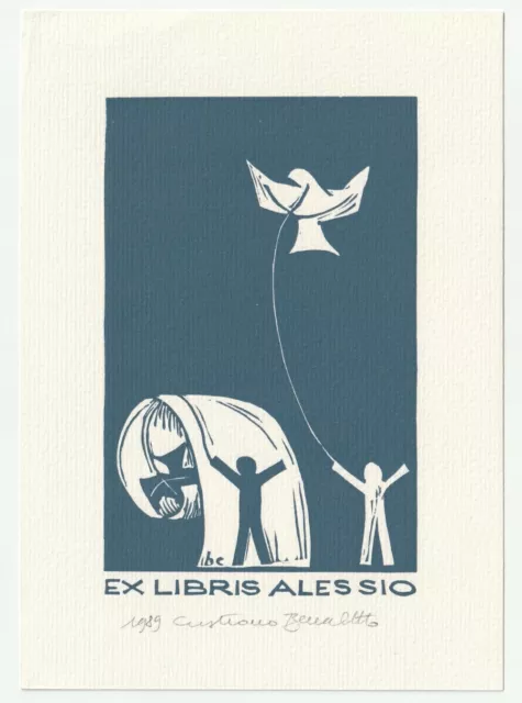 CRISTIANO BECCALETTO: Exlibris für [Mirabella] Alessio, Vogel, Drachen