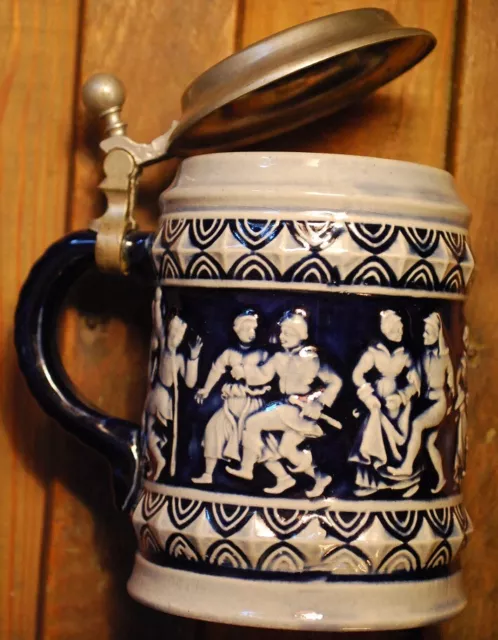 Vintage MARZI & REMY Germany Beer Stein Mug W Lid Cobalt Stoneware DANCERS