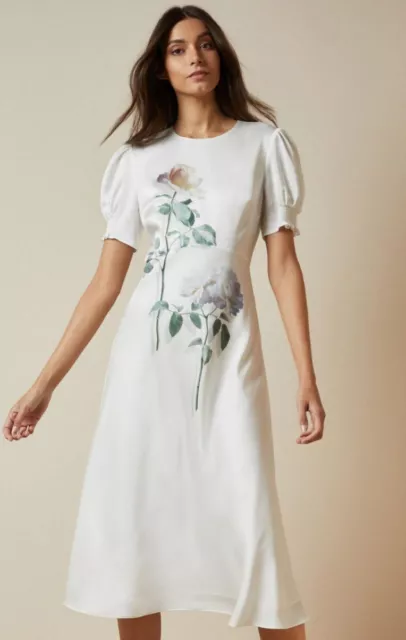 Ted Baker Fleu Bouquet Bias  White Midi Dress Size 3/UK 12