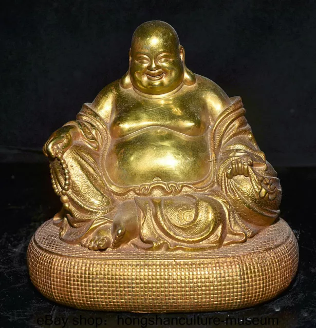 7.6 " China Buddhism Copper Gilt Seat Happy Laugh Maitreya Buddha Statue