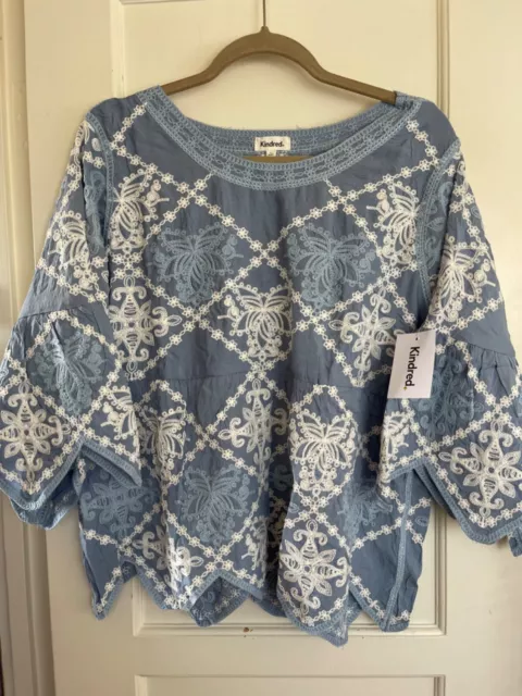 NWT Anthropologie Kindred Woven PEASANT Blouse Boho TOP Tunic Bell Sl M Blue Whi