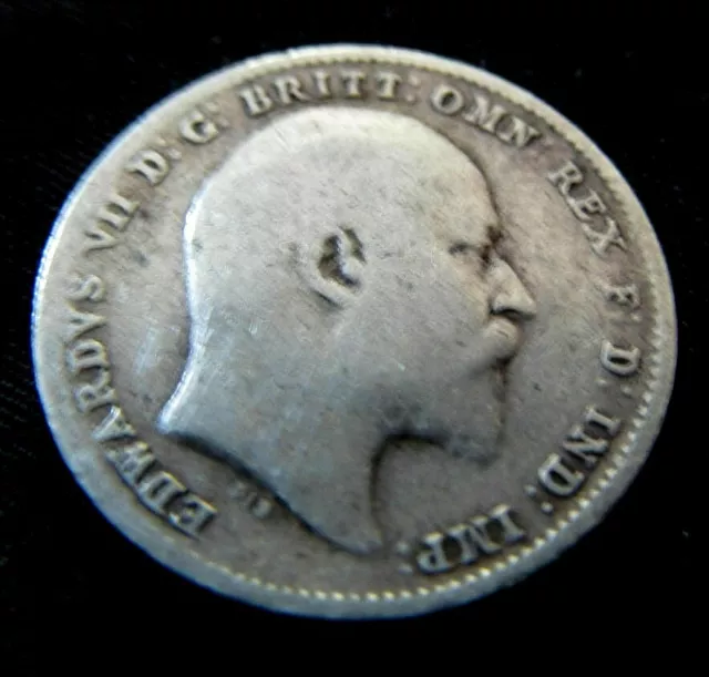 MONETA ARGENTO MASSICCIO Tre Pence 1908 Antica Edoardiana Gran Bretagna Londra Vecchio Regno Unito