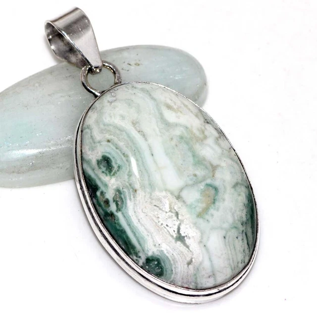 925 Silver Plated-Scheelite Ethnic Gemstone Handmade Pendant Jewelry 2.1" JW
