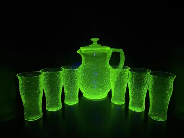 Antique Vintage Uranium Vaseline McKee Glass Innovation Crackled Pitcher & Cups