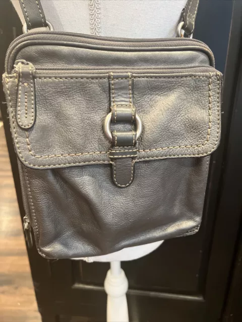 Fossil Leather Crossbody Organizer Shoulder Bag Dark Pewter Metallic