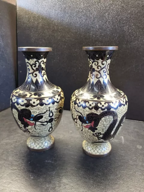 VTG PAIR 19th Century ANTIQUE CHINESE CLOISONNE ENAMEL 6.75" DRAGON VASES