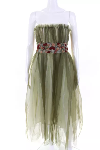 Luca Luca Women's Strapless Floral Beaded Flare Midi Dress Green Size S