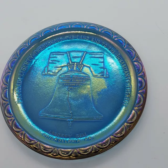 Vintage Blue Carnival Glass 8" Bicentennial Plate United States Liberty Bell