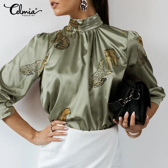 Womens Puff Sleeve Victorian Retro Floral Shirts Satin Look Party Career Blouse