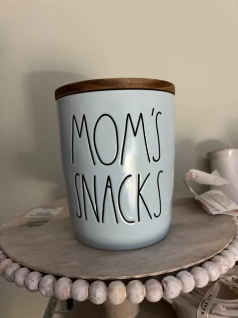 New Rae Dunn MOM’S SNACKS light blue ceramic cellar canister with wooden lid