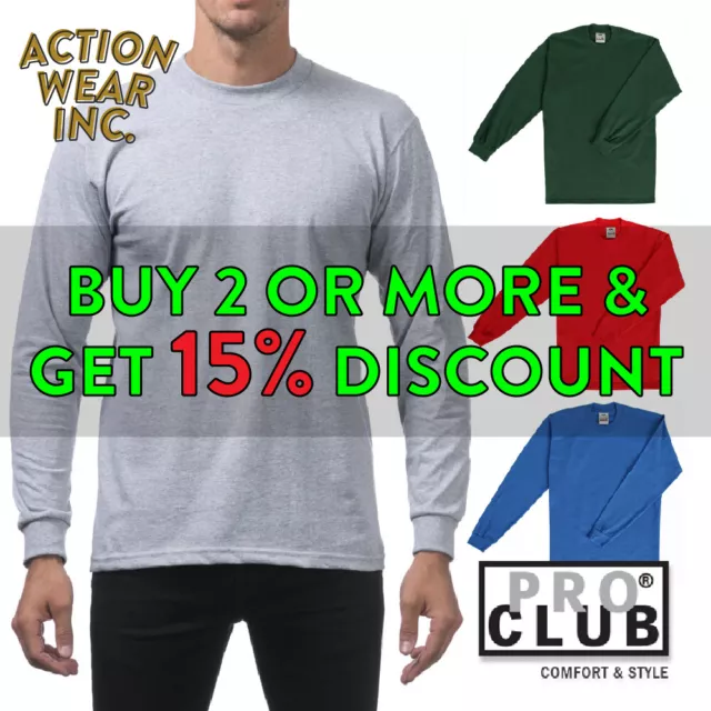 Proclub Pro Club Mens Plain Long Sleeve T Shirt Heavyweight Cotton Tee Active