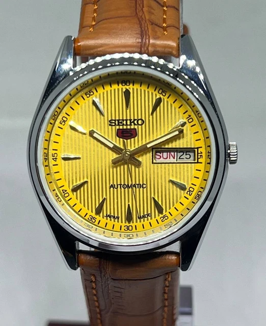 {Seiko 5 Automatic 17J YELLOW FACE Japan Made Men's VINTAGE MOVEMENT Wrist Watch
