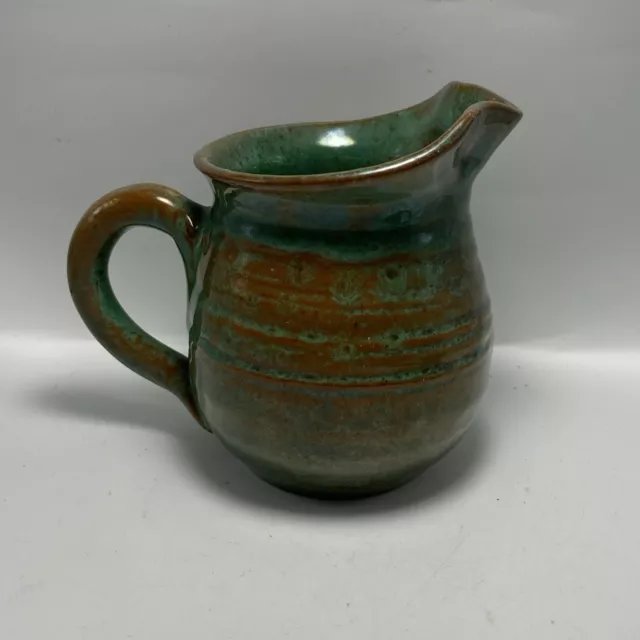 Vintage Redware Pottery Creamer Rowantree Blue Hill ME Mark Green And Brown