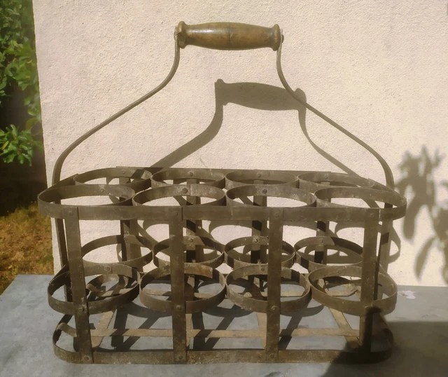 Ancien Porte-Bouteille Acier Et Poignée Bois - 6 Compartiments - Déco Collection