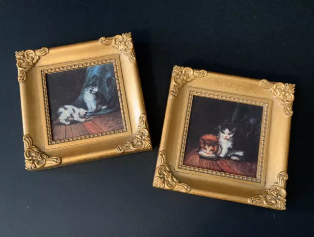 Sweet Little Pair Of Miniature Pictures Antique Style Ornate Frames Cat Artworks