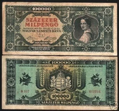 Hungary 100,000,000,000 Mil Pengo P-127 1946 World Currency Money Hungarian Note