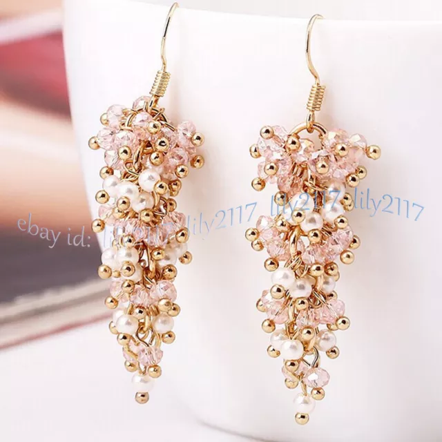 4mm Round White Shell Pearl 3x4mm Faceted Pink Crystal Dangle Gold Hook Earrings