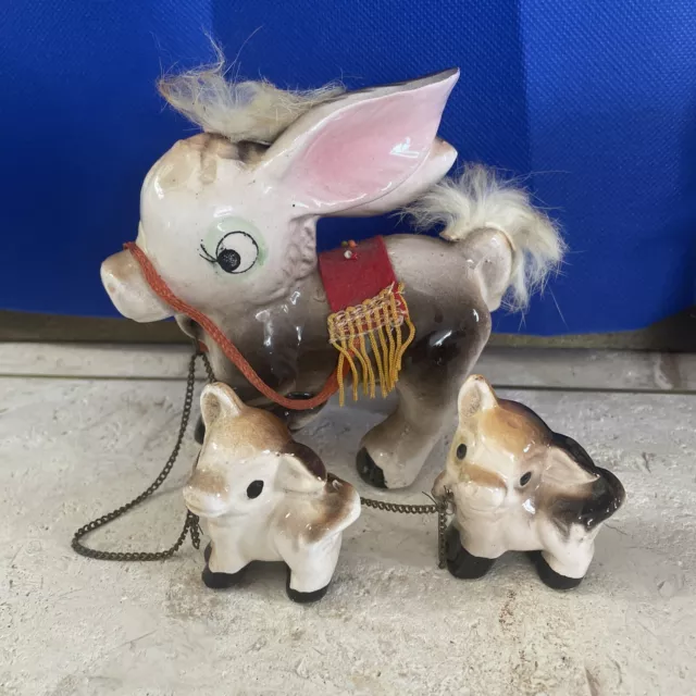 Vintage Donkey Figurines Fur Chain Babies Burro Mule Painted Ceramic MCM Japan